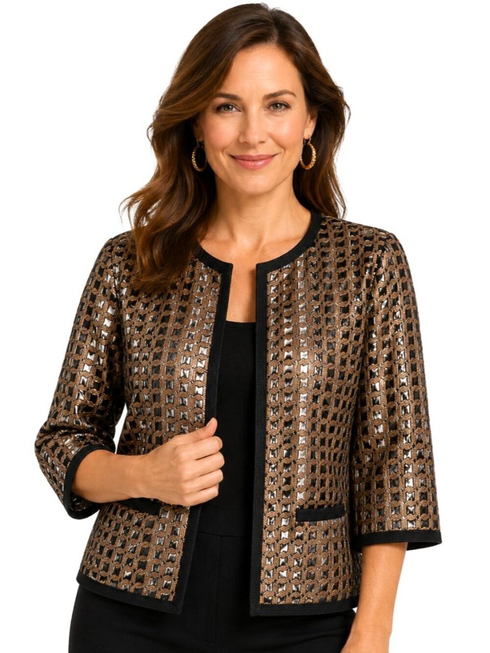 Worth Brown Tan Metallic Open Blazer Jacket